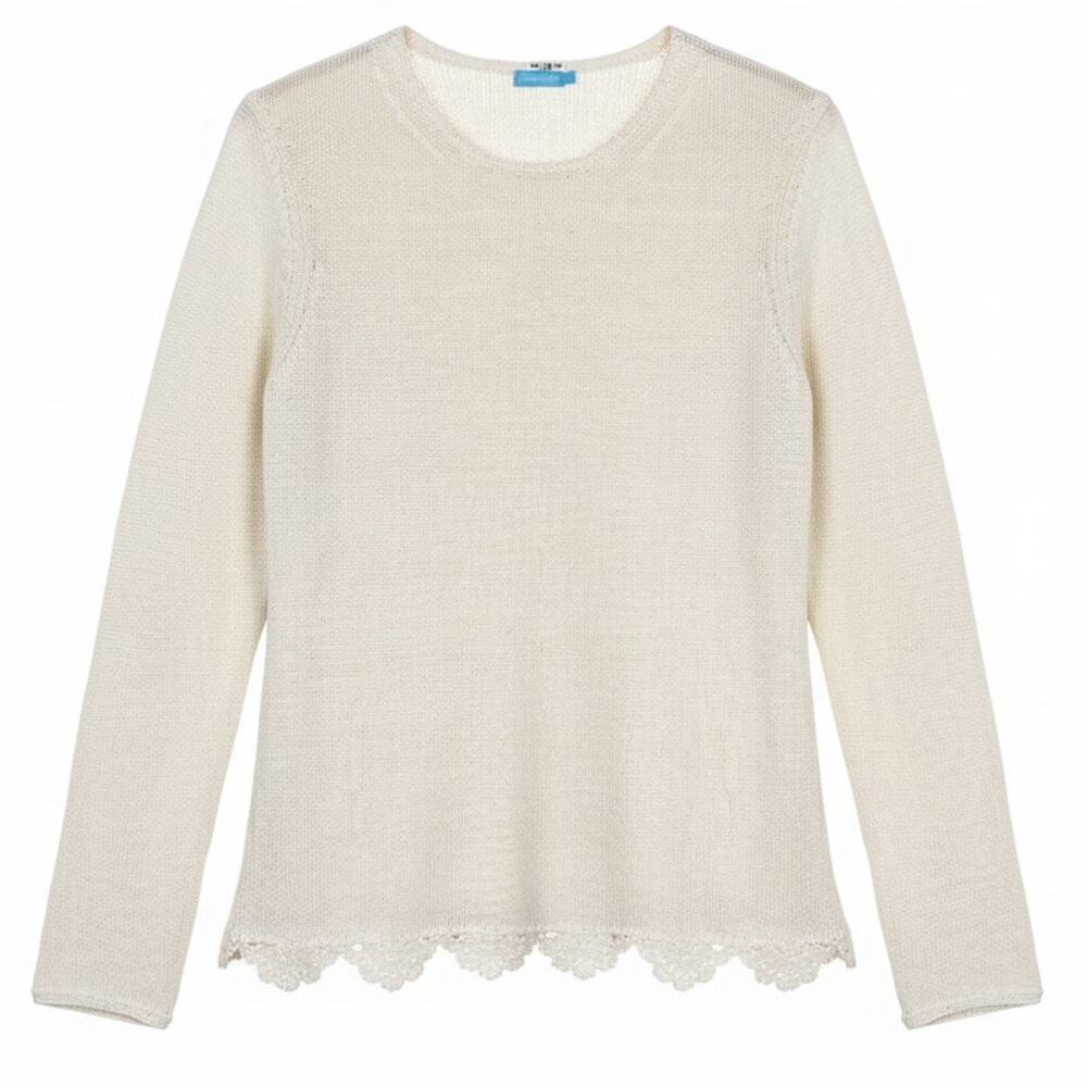 J. McLaughlin Women M Coastal Boho Feminine Preppy Crochet Hem Open Knit Sweater